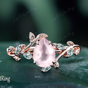 Rose Quartz Engagement ring 14K Rose Gold Promise Ring for her Twist Leaf Ring Alternative gemstone Ring Jewelry Anniversary gifts Women