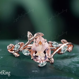 ペアシェイプピンクモルガナイトの婚約指輪 14Kローズゴールドのプロミスリング（女性用）ツイストリーフリング 代替宝石リング 記念日の贈り物 女性向け