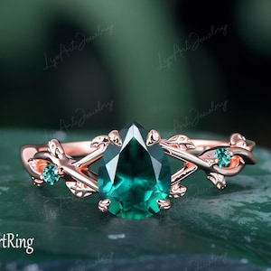 Pear Emerald Engagement ring 14K Rose Gold Promise Ring for her Twist Leaf Ring Green Gemstone Ring May Birthstone ring Jewelry gifts Women