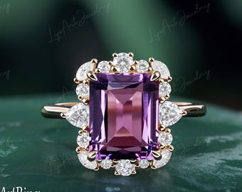 Unique 4CT Amethyst Engagement Ring 14k Yellow Gold Promise Ring for her Vintage Luxury Ring Halo Ring Purple Crystal Anniversary Gift Women