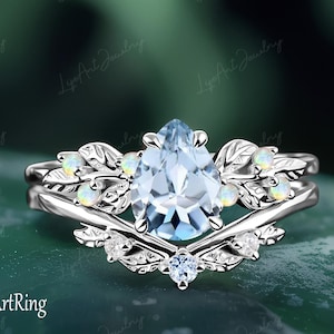 Pear shaped Natural Aquamarine Engagement ring 14K White Gold Promise Ring for her Leaf Bridal Sets ring March Birthstone Ring Jewelry gifts