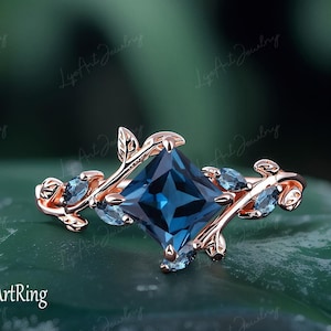 Princess cut London blue Topaz Engagement ring 14K Rose Gold Promise Ring for her Leaf Ring Nov. Birthstone Ring Jewelry Anniversary gifts