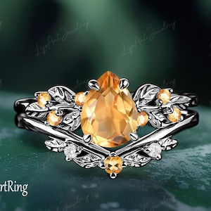 Pear Cut Citrine Engagement ring set 14k Black Gold Promise Ring Leaf Design Bridal Sets Gothic November Birthstone Ring Anniversary gifts