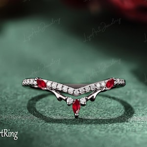Gothic Ruby Curved Wedding Band,14K Black Gold Promise Ring for her,Moissanite/Diamond Matching Band,Green GemstoneJewelry Anniversary Gift