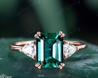 Vintage Brilliant 3CT Green Lab Created Emerald Engagement Ring Art Deco 14K Yellow Gold /Silver Anniversary Ring Promise Ring For Women