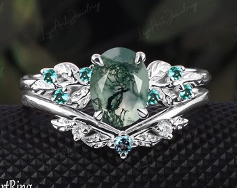 Ovaal gesneden Moss Agate Verlovingsring set 14K White Gold Promise Ring Leaf Natuur Geïnspireerd Bruidssets Groene Edelsteen Ring jubileumcadeaus