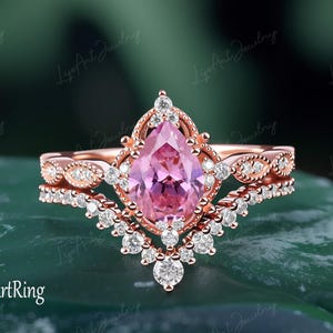 Pear Shaped Pink Sapphire engagement ring set 14k Rose gold Promise Ring for her Vintage Pink gemstone Bridal sets Anniversry gifts Women
