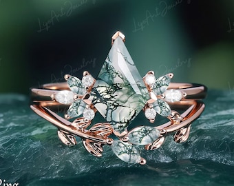 Kite cut moss agate engagement ring 14K Rose gold ring Art deco Marquise moissanite ring Women Unique Nature Inspired leaf Ring bridal set