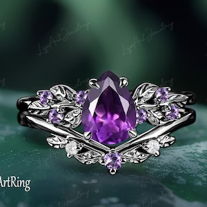 Pear Shaped Amethyst Engagement ring Black Gold Promise Ring Leaf Design Bridal Sets Gothic Purple Crystal Ring Jewelry Anniversary gifts