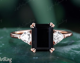 4 Karat Smaragdschliff schwarzer Onyx Verlobungsring Vintage Moissanite 14K Gelbgold Verlobungsring für Frauen Braut Jahrestag Geschenk für Sie