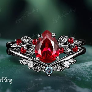 Pear Shaped Ruby Engagement ring set 14k Black Gold Promise Ring Leaf Design Bridal Sets Gothic Ring Jewelry Anniversary gifts Women