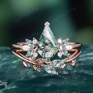 Anel de noivado de ágata musgo lapidada em pipa Anel de ouro rosa 14K Anel de moissanite marquise Art Déco Conjunto de anel de folha inspirado na natureza exclusivo para mulheres