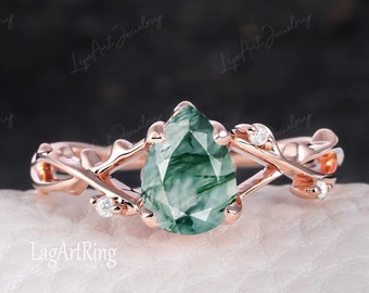 Natural Pear shaped Moss Agate Engagement Ring Promise Ring Rose Gold Alternative Green Gemstone Ring for Women Nature Inspired Leaf Ring