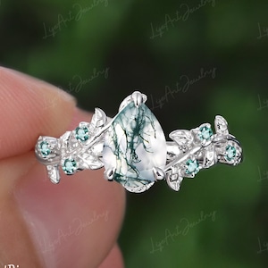 Pear Natural Moss Agate Engagement ring 14K White gold Promise Ring Vintage Vine ring Nature Inspired Leaf Ring Anniversary Gifts for her