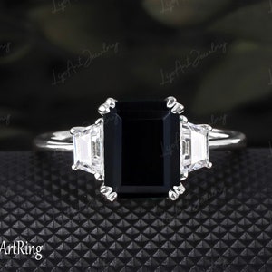 Emerald Cut 4CT Black Onyx Engagement Ring Art Deco Moissanite 14k Yellow Gold Engagament Ring Vintage Bridal Anniversary Ring for Women/Her