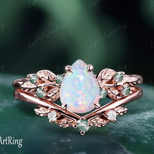 Pear cut NaturalOpal Engagement ring set 14K Rose Gold Promise Ring Leaf Nature Inspired Bridal Sets Oct Gemstone Ring anniversary gifts
