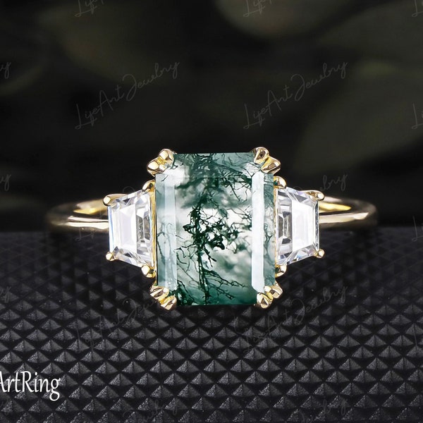 3CT Emerald Cut Moss Agate Engagement Ring 14K Yellow Gold Vintage Moissanite Engagement Ring for Women Bridal Anniversary Ring for Women