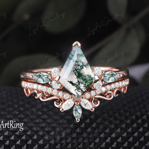 Ensemble de bagues de fiançailles en agate mousse verte Bague vintage unique en or rose 14 carats avec taille marquise, parfaite pour une alliance de mariée pour femme