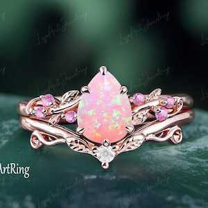 Pear Pink Opal Engagement ring set 14k Rose Gold Promise Ring for her Leaf Nature Inspired Bridal Ring set Pink sapphire Ring Jewelry gifts
