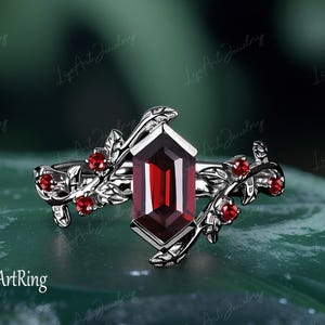 Long Hexagon Cut  Garnet Engagement ring 14K Black gold Promise Ring for her January Birthstone ring Gothic Leaf Ring Anniversary Gift Women