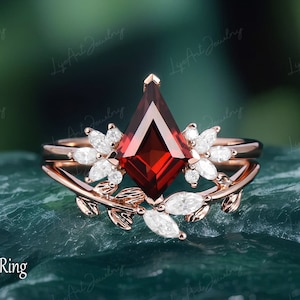 Kite cut garnet engagement ring set White gold ring art deco Marquise moissanite ring women unique nature inspired leaf ring bridal set