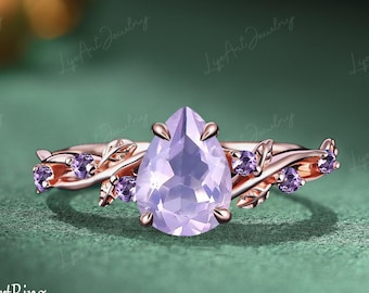 Anillo de hoja único, anillo de compromiso de amatista lavanda, anillo de piedra preciosa verde, anillo de promesa de amatista, anillo inspirado en la naturaleza, regalos de joyería de aniversario