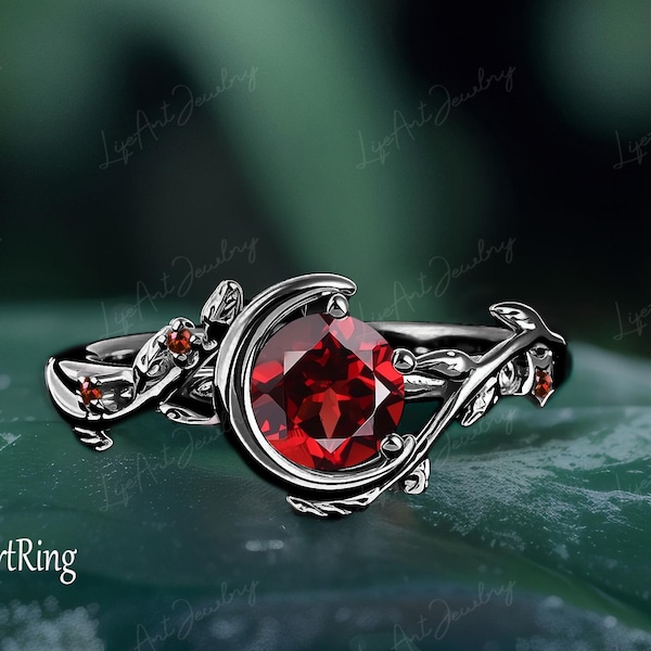 Gothic Granat Verlobungsring Massiv 14K Schwarzgold Versprechen Ring für ihren Halbmond Ring Einzigartige Jan Birthstone Blatt Mond Ring Jahrestag Geschenke