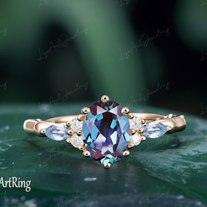 Oval cut Alexandrite Engagement Ring 14K Yellow Gold Ring for her Cluster Ring Unique Color Changing stone  Ring Anniversary Gifts Women
