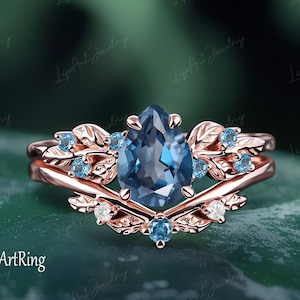 Pear shaped London Blue Topaz Engagement ring 14K Rose Gold Promise Ring for her Leaf Bridal Set Alternative Gemstone Ring Jewelry gifts