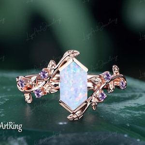 Long Hexagon cut Fire Opal Engagement ring 14K Rose gold Promise Ring for her Vintage ring Oct Birthstone Leaf Ring Anniversary Gifts Women