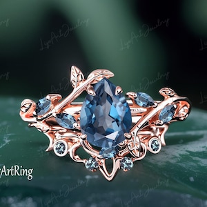 London blue topaz Engagement ring set 14K Rose Gold Promise Ring for her Twist Leaf Ring Alternative gemstone bridal set Anniversary gifts