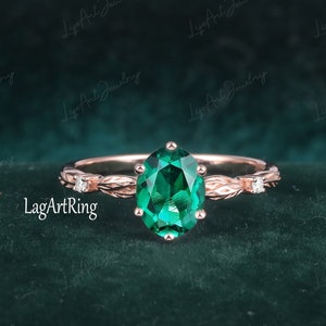 Oval cut Lab created  Emerald Engagement ring,Rose Gold Engagement Ring,Leaf Design Promise Ring,Uniuqe Bridal Ring,Anniversary ring for her