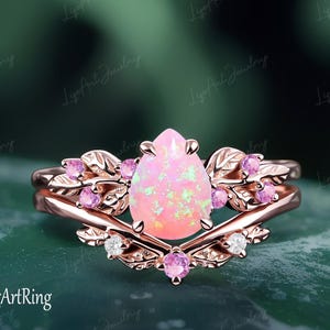 Pear cut Pink Opal Engagement ring set 14K Rose Gold Promise Ring Leaf Nature Inspired Bridal Sets Oct Gemstone Ring anniversary gifts