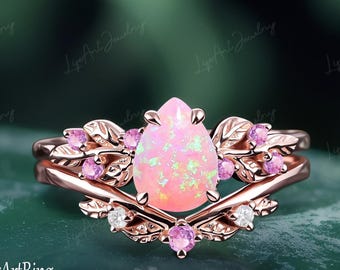 Birne geschnitten Rosa Opal Verlobungsring Set 14K Rose Gold Versprechen Ring Blatt Natur inspiriert Brautsets Oktober Edelstein Ring Jahrestag Geschenke
