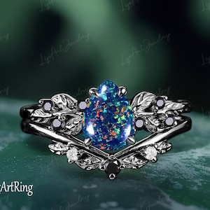 Gothic Pear Shaped Black opal  Engagement ring set  Black Gold Promise Ring Leaf Design Bridal Sets Ring Jewelry Anniversary gifts Women
