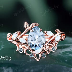 Pear Natural Aquamarine Engagement ring Set 14K Rose Gold Promise Ring for her Twist Leaf Ring March Birthstone Bridal set Anniversary gifts