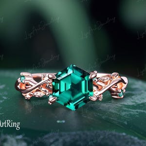 Hexagon Lab created emerald Engagement ring Solid 14K Rose gold Promise Ring Vintage ring Nature Inspired Leaf Twist Ring Anniversary Gifts