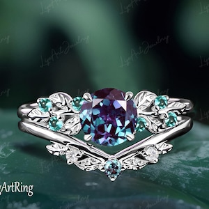 Alexandrite Engagement ring 14k White Gold Promise Ring Leaf Design Bridal sets Color changed Gemstone Ring June Birthstone anniversary gift