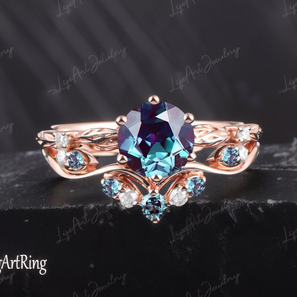 Alexandrit Verlobungsring, Solid 14K Rose Gold Versprechen Ring Frauen, Uniuqe Blatt Design Ring, Vintage Brautring Set, Jubiläumsgeschenke für sie