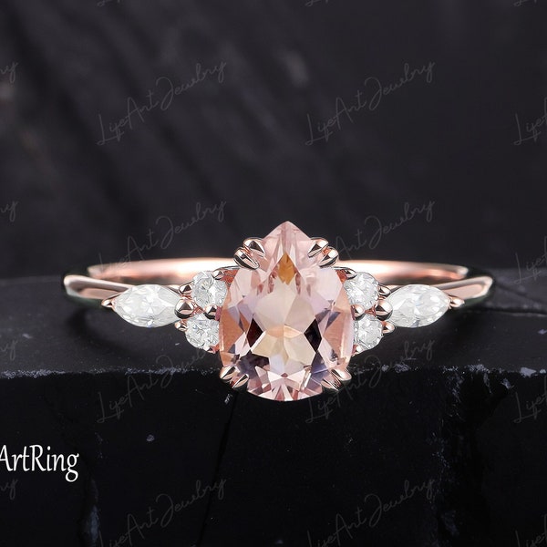 Anillo de compromiso de morganita en forma de pera 14K anillo de promesa de oro rosa sólido anillo de novia de racimo único regalos de aniversario joyería personalizada