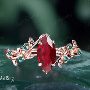 Bague de fiançailles en rubis marquise, bague de promesse en or rose massif 14 carats, bague vintage, bague feuille inspirée de la nature unique, bague d'anniversaire en pierre verte