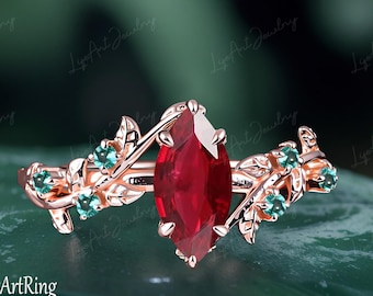 Marquise Rubin Verlobungsring Massiv 14K Rose gold Versprechen Ring Vintage Ring Einzigartige Natur Inspiriert Blatt Ring Grüner Stein Jahrestag Ring