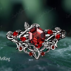 Hexagon Garnet Engagement ring 14K Black Gold Promise Ring for her Gothic Leaf Bridal sets January Birthstone Ring Anniversary gifts Women