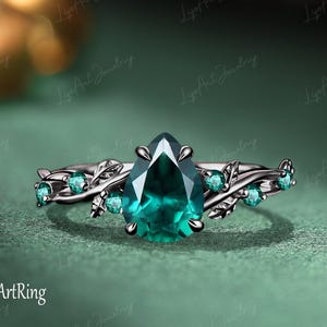 Pear emerald engagement ring,Unique leaf ring,Gothic Green gemstone ring,14k Black gold Promise Ring for her,Jewelry Anniversary Gifts Women