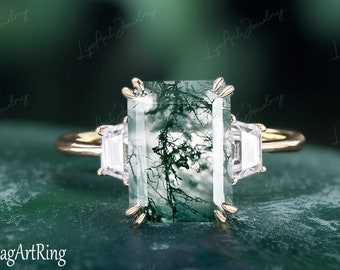 4CT Emerald Cut Moss Agate Engagement Ring 14K Yellow Gold Vintage Moissanite Engagement Ring for Women Bridal Anniversary Ring for Women
