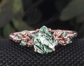 Pear shaped Moss Agate Engagement ring 14K Rose Gold Promise Ring Leaf Nature Inspired Bridal Sets Green Gemstone Ring Jewelry gifts for her