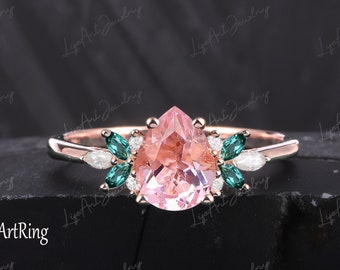 Unique Pear shaped Pink sapphire Engagement Ring 14K solid Rose Gold Promise Ring Vintage Cluster Ring Moonstone Ring Anniversary Gifts