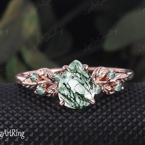 Pear shaped Moss Agate Engagement ring 14K Rose Gold Promise Ring Leaf Nature Inspired Bridal Sets Green Gemstone Ring Jewelry gifts for her