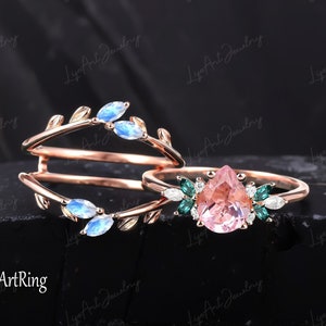 Unique Pear shaped Pink sapphire Engagement Ring set 14K solid Rose Gold Promise Ring Vintage Cluster Ring Moonstone Ring Anniversary Gifts
