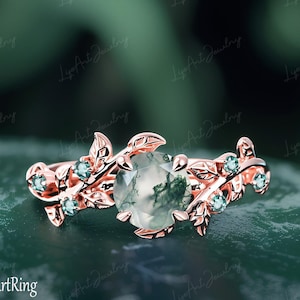 Natural Moss Agate Engagement ring Solid 14K White gold Promise Ring Vintage Vine ring Nature Inspired Leaf Ring Anniversary Gifts for her